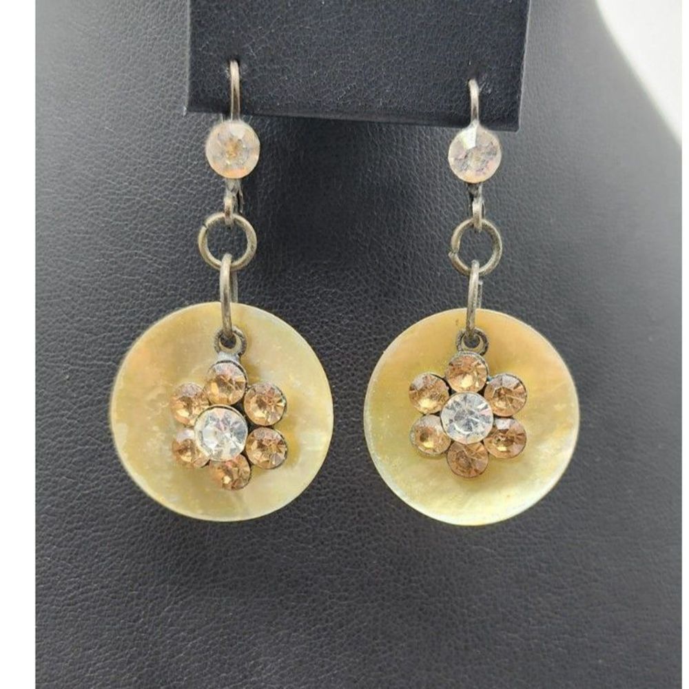 Vintage Circular Gold Tone Shell Floral Rhinestone Dangle Drop Earrings
